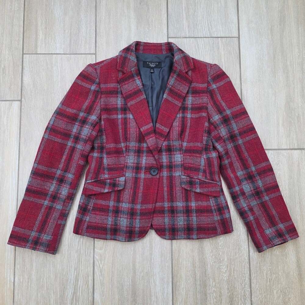 Talbots Petites Wool Plaid Blazer Womens 4P Red Gray Peplum Tailored Jacket